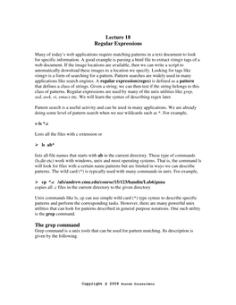 Lecture 18 Regular Expressions the Grep Command