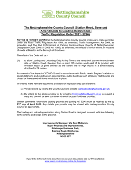 The Nottinghamshire County Council (Station Road, Beeston) (Amendments to Loading Restrictions) Traffic Regulation Order 2021 (5296)