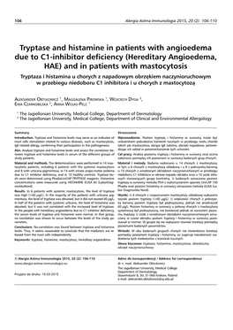 Tryptase and Histamine in Patients with Angioedema Due to C1