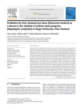 Phocarctos Hookeri)As a Threat to the Viability of Yellow-Eyed Penguins (Megadyptes Antipodes) at Otago Peninsula, New Zealand