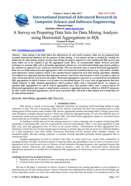 A Survey on Preparing Data Sets for Data Mining Analysis Using Horizontal Aggregations in SQL Prashant B