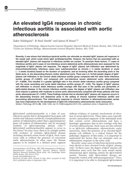 An Elevated Igg4 Response in Chronic Infectious Aortitis Is Associated with Aortic Atherosclerosis Zakir Siddiquee1, R Neal Smith1 and James R Stone1,2