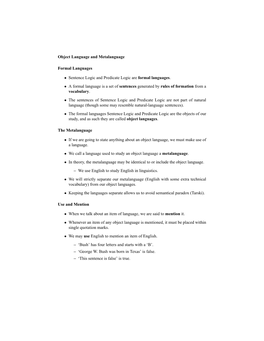 Object Language and Metalanguage Formal Languages • Sentence