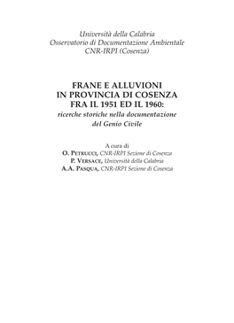 FRANE E ALLUVIONI in PROVINCIA DI COSENZA FRA IL 1951 ED IL 1960: Ricerche Storiche Nella Documentazione Del Genio Civile