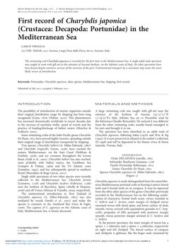 First Record of Charybdis Japonica (Crustacea: Decapoda: Portunidae) in the Mediterranean