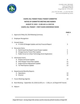 CHAPEL HILL TRANSIT PUBLIC TRANSIT COMMITTEE NOTICE of COMMITTEE MEETING and AGENDA AUGUST 27, 2019 – 11:00 A.M. to 1:00 P.M