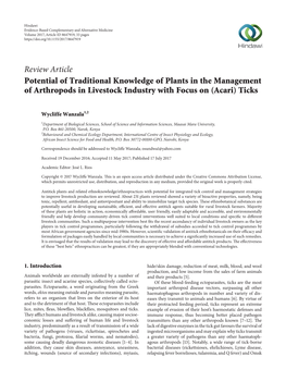 Review Article Potential of Traditional Knowledge of Plants in the Management of Arthropods in Livestock Industry with Focus on (Acari) Ticks