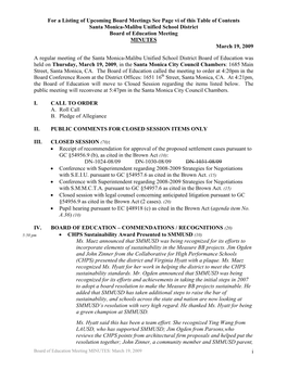 I for a Listing of Upcoming Board Meetings See Page Vi of This Table of Contents Santa Monica-Malibu Unified School District