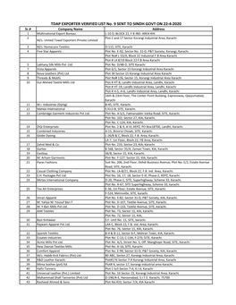 TDAP EXPORTER VERIFIED LIST No. 9 SENT to SINDH GOVT on 22-4-2020 Sr.# Company Name Address 1 Multinational Export Bureau L-10 D, BLOCK 22, F B IND