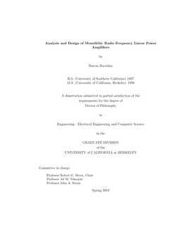 Analysis and Design of Monolithic Radio Frequency Linear Power Ampliﬁers