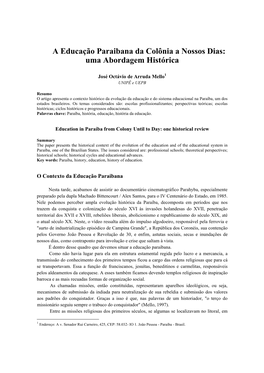 A Educação Paraibana Da Colônia a Nossos Dias: Uma Abordagem Histórica