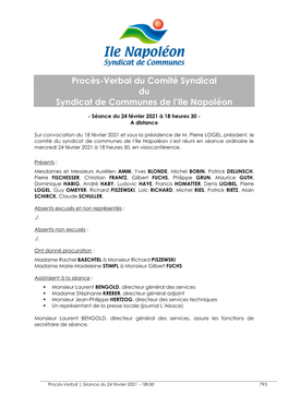 Procès-Verbal Du Comité Syndical Du Syndicat De Communes De L’Ile Napoléon