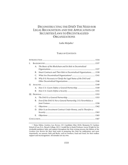 Deconstructing the Dao: the Need for Legal Recognition and the Application of Securities Laws to Decentralized Organizations