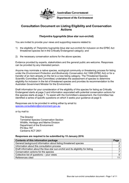 Consultation Document Thelymitra Hygophila Blue Star Sun-Orchid