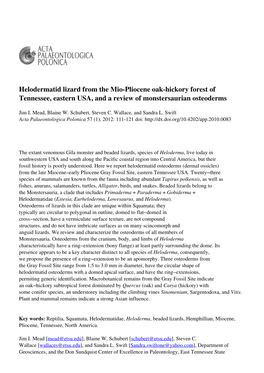 Helodermatid Lizard from the Mio-Pliocene Oak-Hickory Forest of Tennessee, Eastern USA, and a Review of Monstersaurian Osteoderms