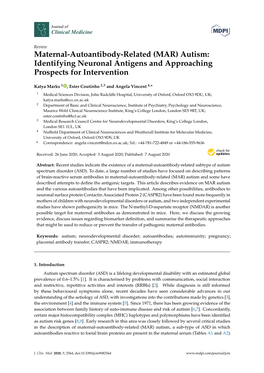 Maternal-Autoantibody-Related (MAR) Autism: Identifying Neuronal Antigens and Approaching Prospects for Intervention