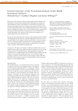 Crystal Structure of the N-Terminal Domain of the Dnab Hexameric Helicase Deborah Fass1†, Cynthia E Bogden1 and James M Berger2*
