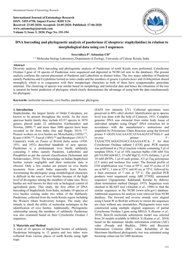 DNA Barcoding and Phylogenetic Analysis of Paederinae (Coleoptera: Staphylinidae) in Relation to Morphological Data Using Cox I Sequences