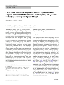 Localization and Density of Phoretic Deutonymphs of the Mite Uropoda Orbicularis (Parasitiformes: Mesostigmata) on Aphodius Beetles (Aphodiidae) Affect Pedicel Length