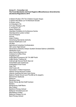 Annex D – Consultee List the Food Standards and Food Hygiene (Miscellaneous Amendments) (Scotland) Regulations 2019