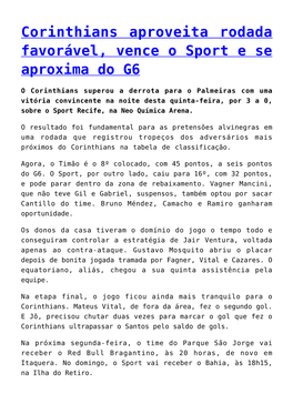 Corinthians Aproveita Rodada Favorável, Vence O Sport E Se Aproxima Do G6