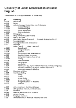 University of Leeds Classification of Books English