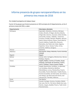 Informe Presencia De Grupos Narcoparamilitares En Los Primeros Tres Meses De 2016