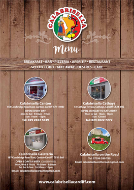 Menu BREAKFAST • BAR • PIZZERIA • APERITIF • RESTAURANT SPEEDY FOOD • TAKE AWAY • DESERTS • CAKE