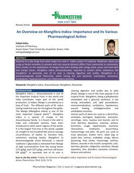 An Overview on Mangifera Indica: Importance and Its Various Pharmacological Action