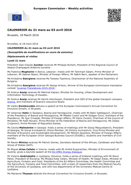 CALENDRIER Du 21 Mars Au 03 Avril 2016 Brussels, 18 March 2016