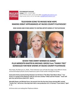 Television Icons to Invade New Hope Making Debut Appearances at Bucks County Playhouse!