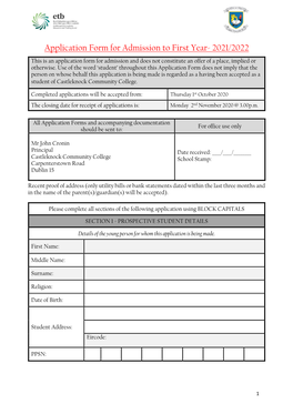 Application Form for Admission to First Year- 2021/2022 This Is an Application Form for Admission and Does Not Constitute an Offer of a Place, Implied Or Otherwise