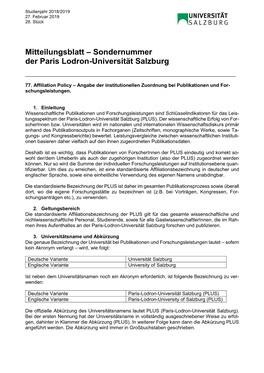 Mitteilungsblatt – Sondernummer Der Paris Lodron-Universität Salzburg