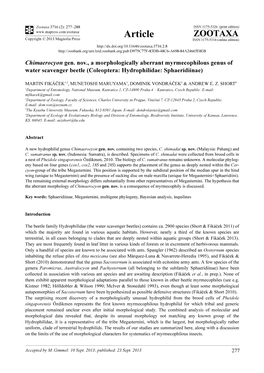 Chimaerocyon Gen. Nov., a Morphologically Aberrant Myrmecophilous Genus of Water Scavenger Beetle (Coleoptera: Hydrophilidae: Sphaeridiinae)