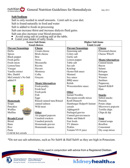 General Nutrition Guidelines for Hemodialysis July 2011