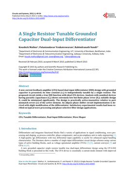 A Single Resistor Tunable Grounded Capacitor Dual-Input Differentiator