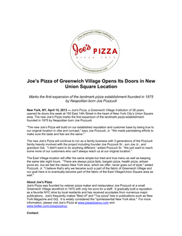 Original Joe's Pizza of Greenwich Village Expands to New Union