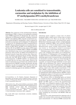 Leukemia Cells Are Sensitized to Temozolomide, Carmustine and Melphalan by the Inhibition of O6‑Methylguanine‑DNA Methyltransferase