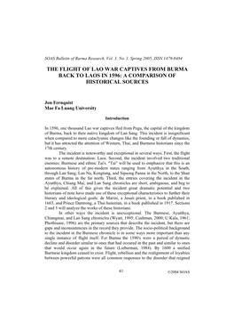 Flight of Lao War Captives from Burma Back to Laos in 1596: a Comparison of Historical Sources