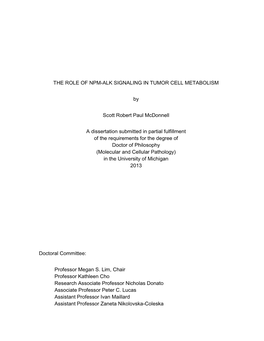 THE ROLE of NPM-ALK SIGNALING in TUMOR CELL METABOLISM By