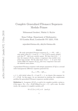 Complete Generalized Fibonacci Sequences Modulo Primes