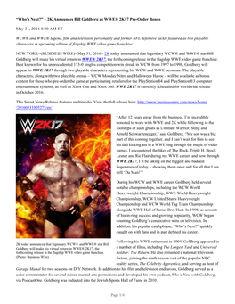 2K Announces Bill Goldberg As WWE® 2K17 Pre-Order Bonus May 31