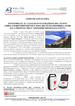 Fenestrelle: Il 2 Luglio Inaugurazione Del Nuovo Ambulatorio Dipendenze E Posa Dei Nuovi Defibrillatori Alla Presenza Dell’Assessore Regionale Saitta