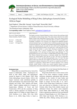 Ecological Niche Modelling of King Cobra, Ophiophagus Hannah (Cantor, 1836) in Nepal Sunil Sapkota1, Dhan Bdr