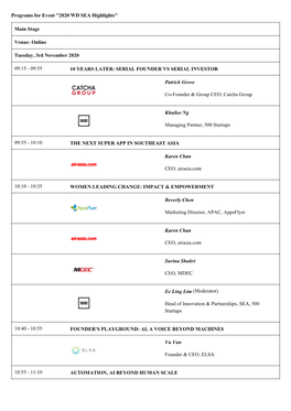 Programs for Event "2020 WD SEA Highlights" Main Stage Venue