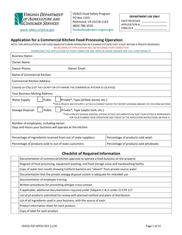 Application for a Commercial Kitchen Food Processing Operation