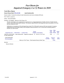 Fact Sheets for Impaired (Category 4 Or 5) Waters in 2020