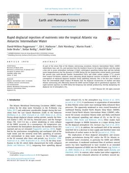 Rapid Deglacial Injection of Nutrients Into the Tropical Atlantic Via Antarctic Intermediate Water ∗ David-Willem Poggemann A, , Ed C