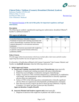 Clinical Policy: Nabilone (Cesamet), Dronabinol (Marinol, Syndros)