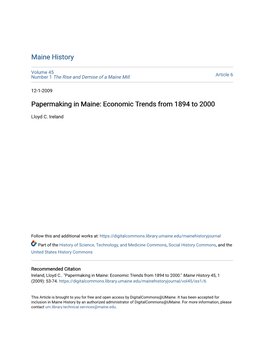 Papermaking in Maine: Economic Trends from 1894 to 2000